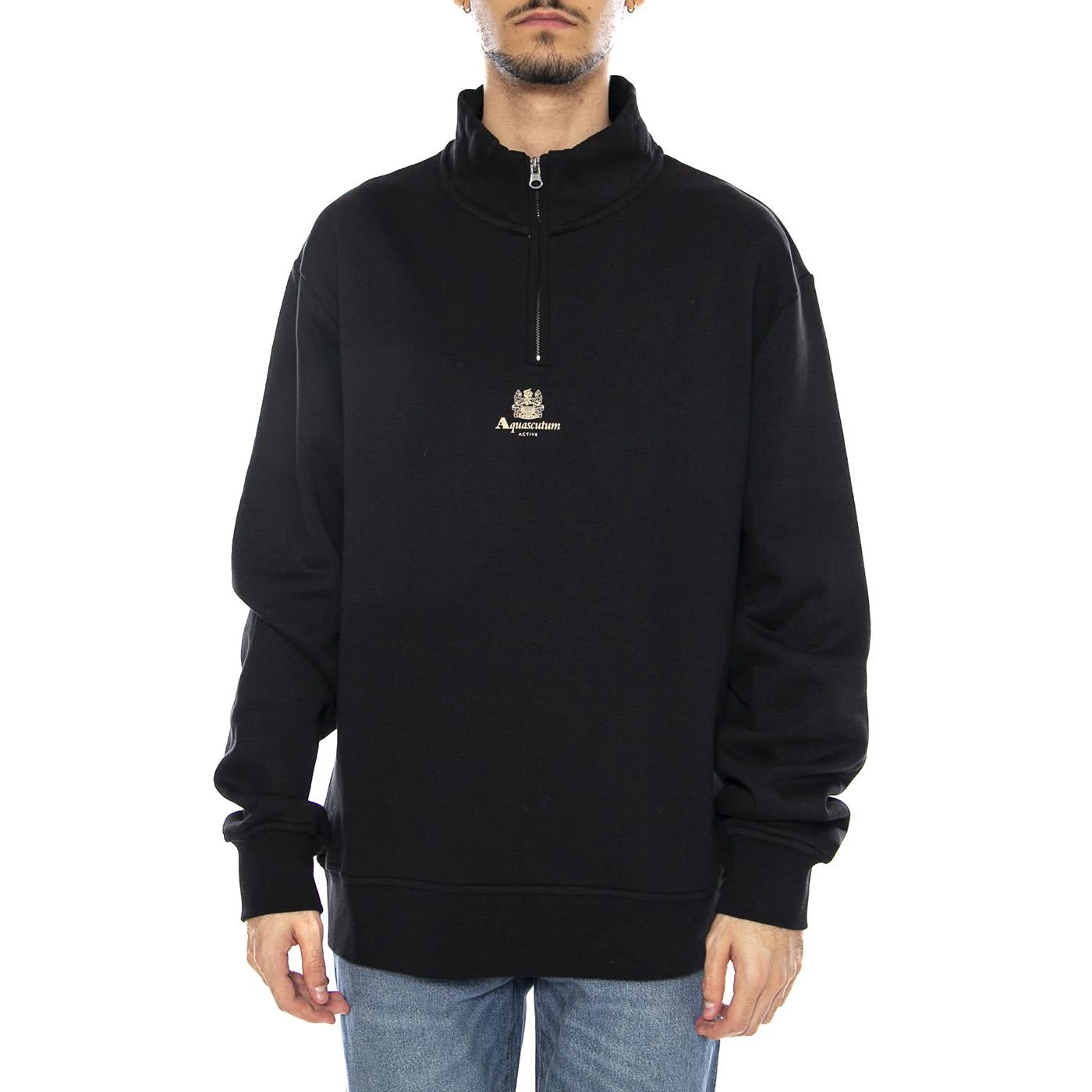 AQUASCUTUM Men's Centered Logo 1/4 Zip Fleece - Black Half-Neck Sweatshirt - Image 2