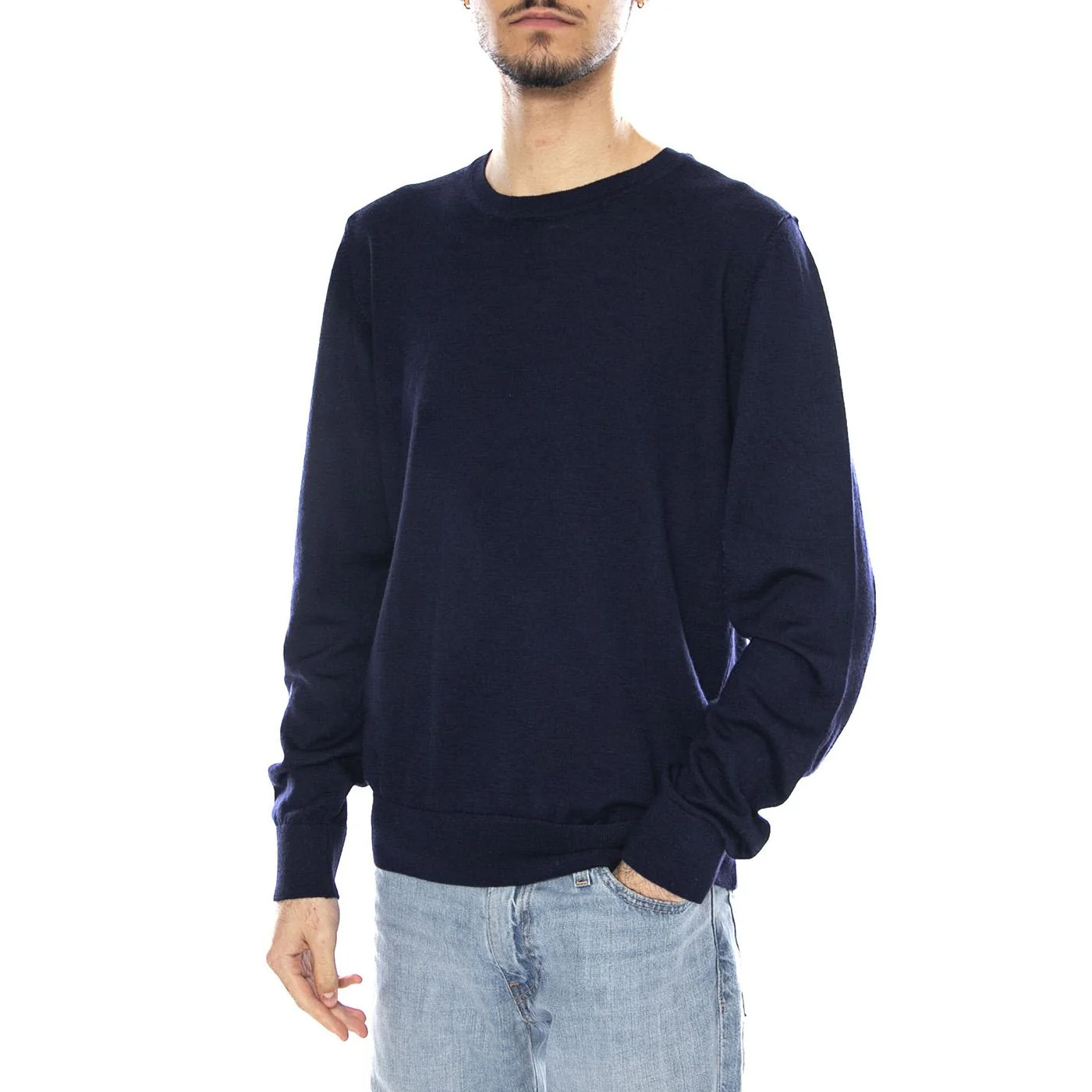 Extrafine Merino Wool Patches Knit -- Men's Sweater Blue Men's AQUASCUTUM
