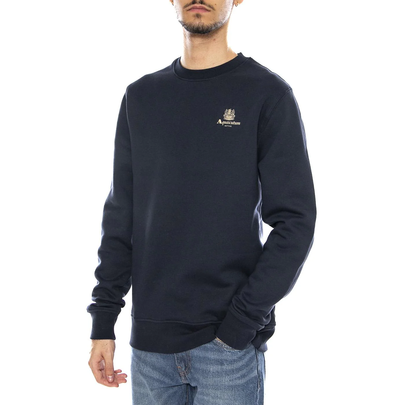 Small Logo Crew Neck Fleece -- Men's Navy Crew Neck Sweatshirt AQUASCUTUM