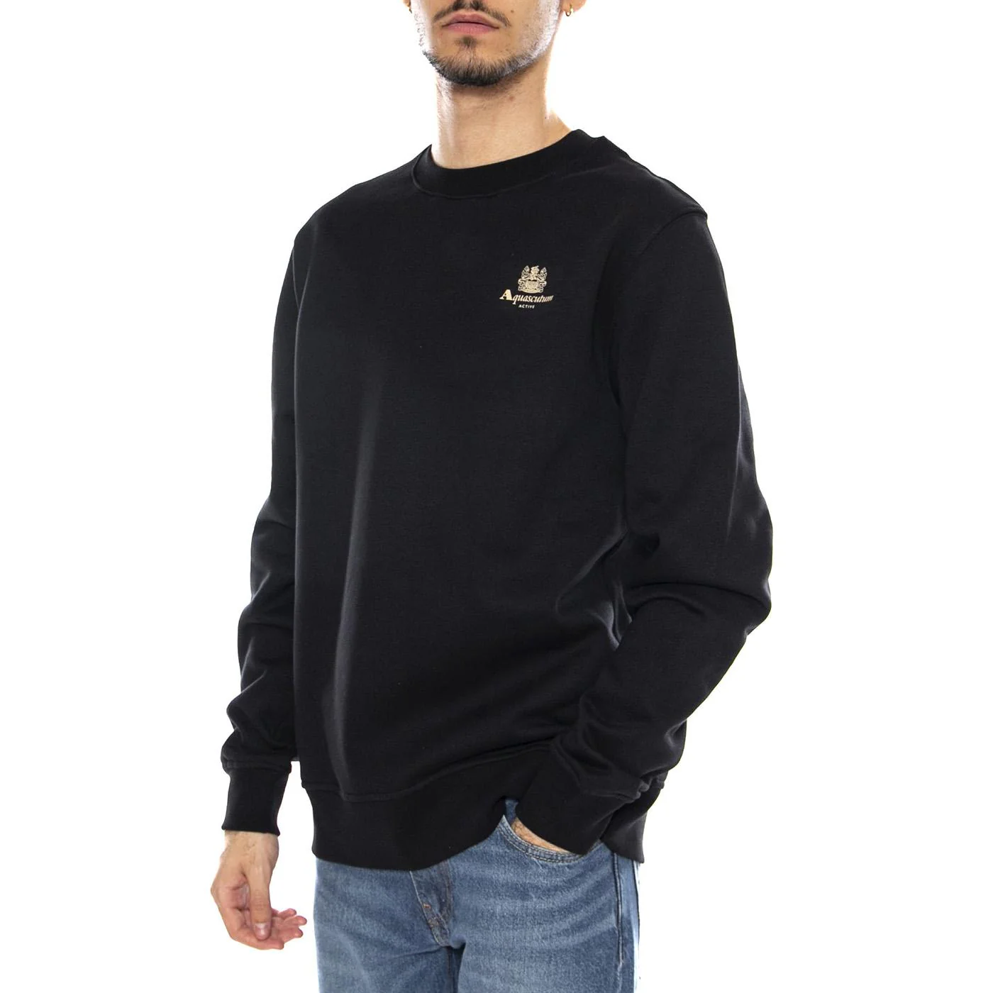Small Logo Crew Neck Fleece -- Black Men's Crew Neck Sweatshirt AQUASCUTUM