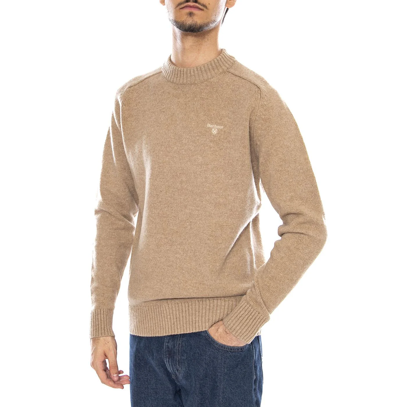 Grangetown Merino Crewneck Washed Stone - Men's Crewneck Sweater Brown BARBOUR