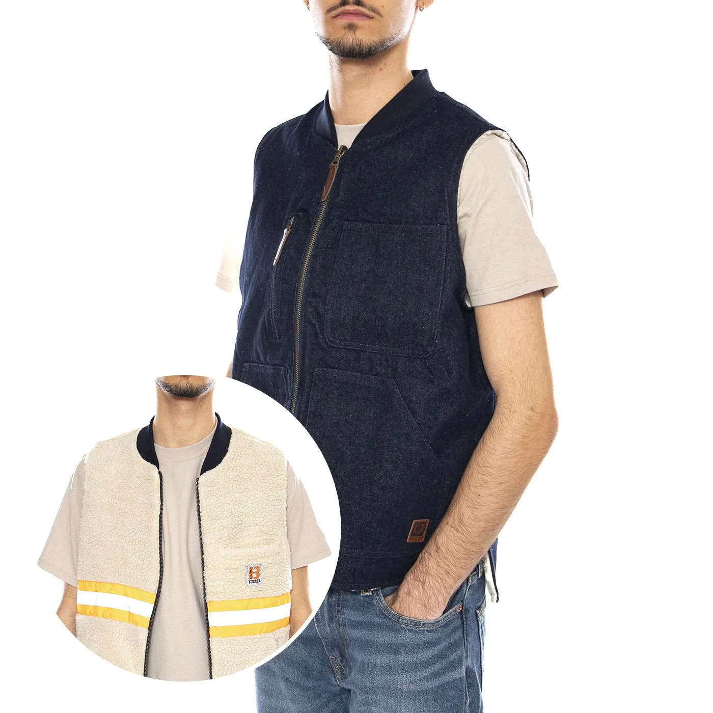 Builders Abraham Rev Vest -- Men's Reversible Rinse Denim Sherpa Vest BRIXTON
