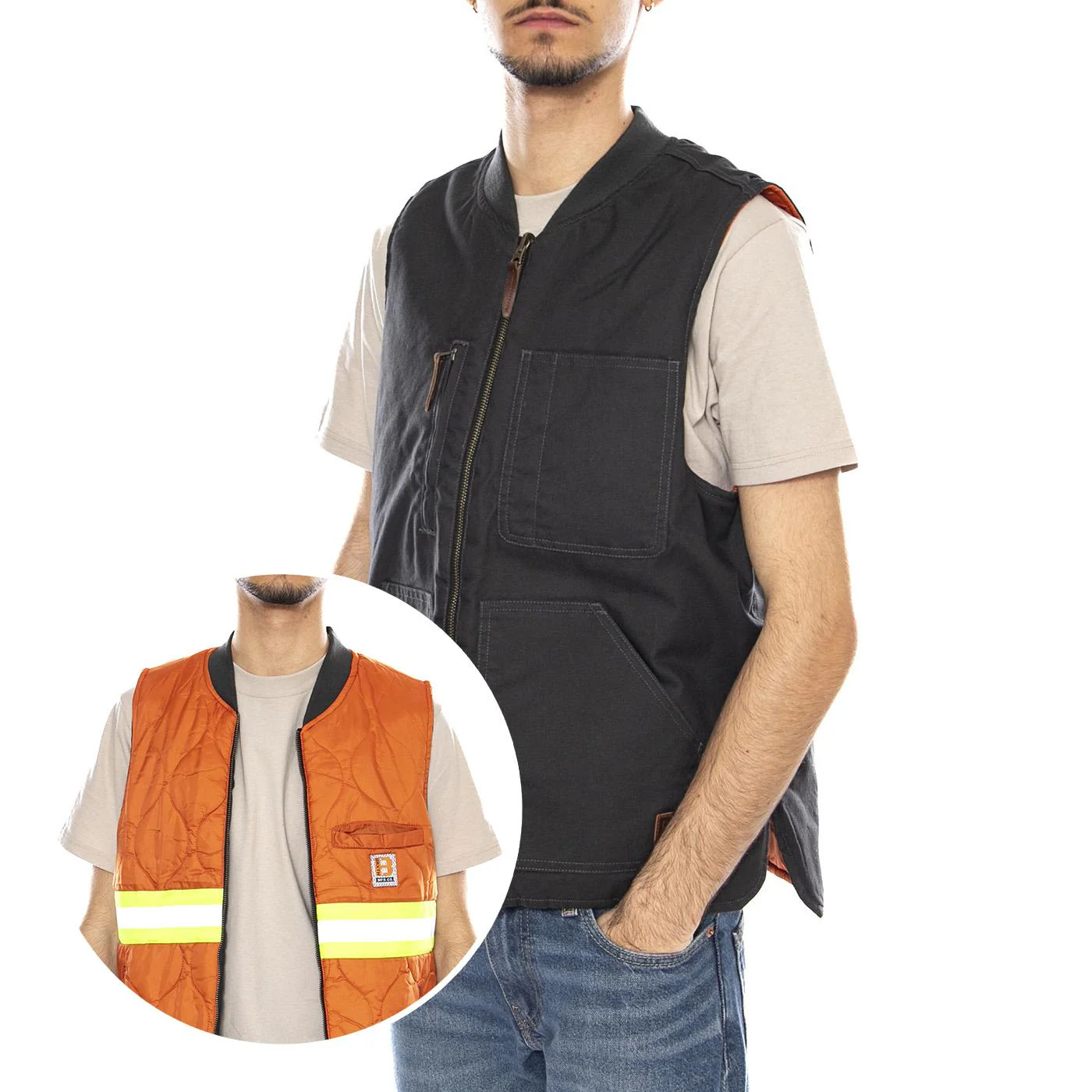 Builders Abraham Rev Vest -- Men's Reversible Washed Gilet Black / Orange Men BRIXTON