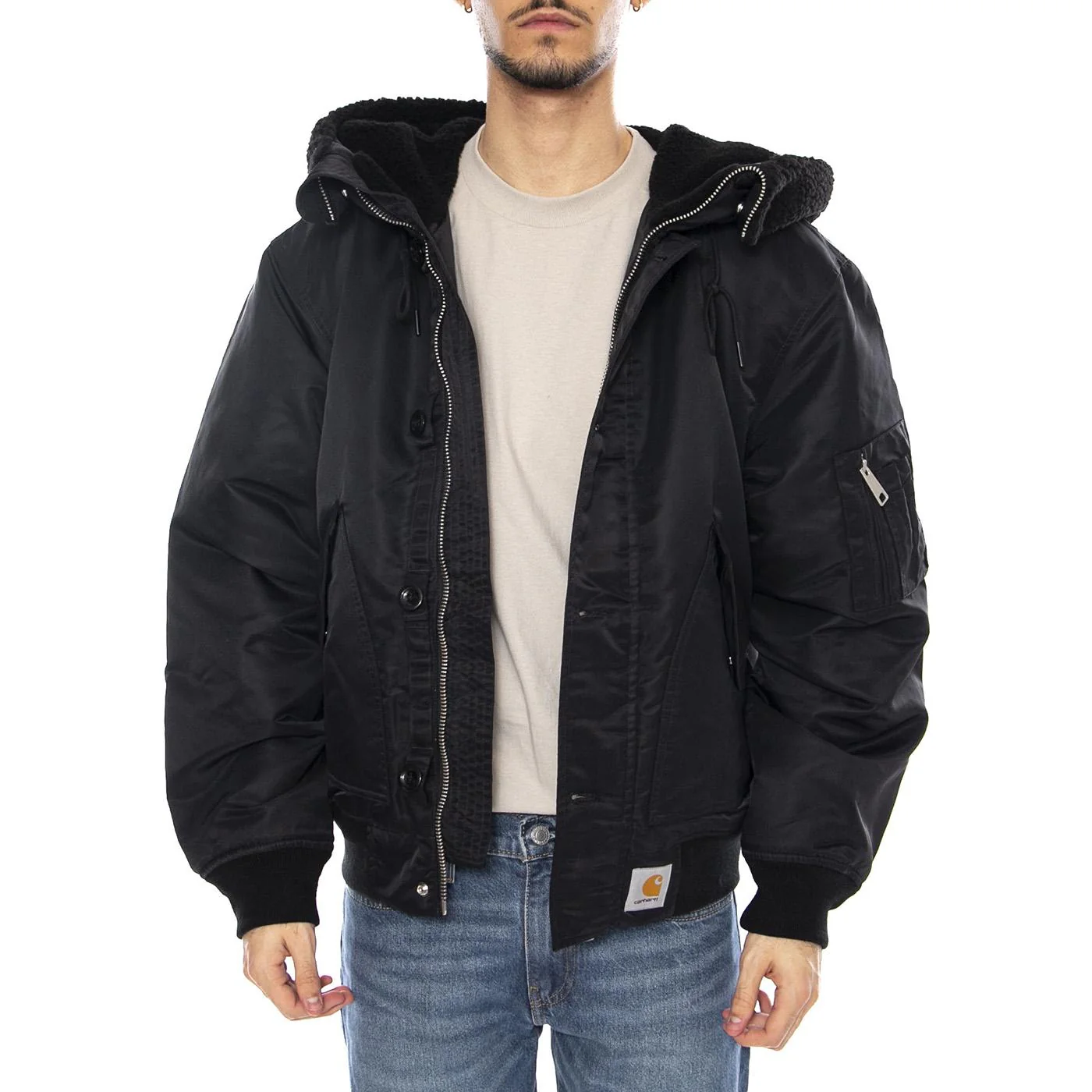HD Oltera Bomber Black / Black -- Men's Hooded Bomber Jacket Black Men CARHARTT WIP - Image 2