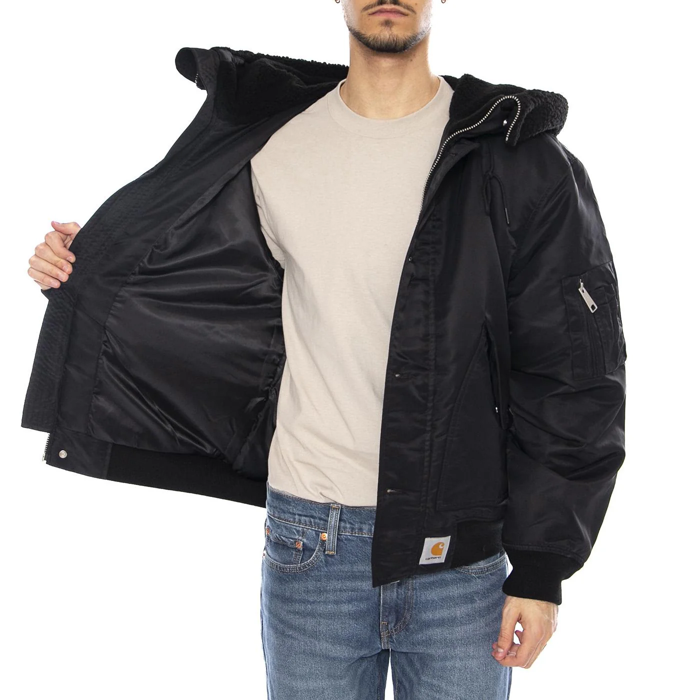 HD Oltera Bomber Black / Black -- Men's Hooded Bomber Jacket Black Men CARHARTT WIP - Image 4