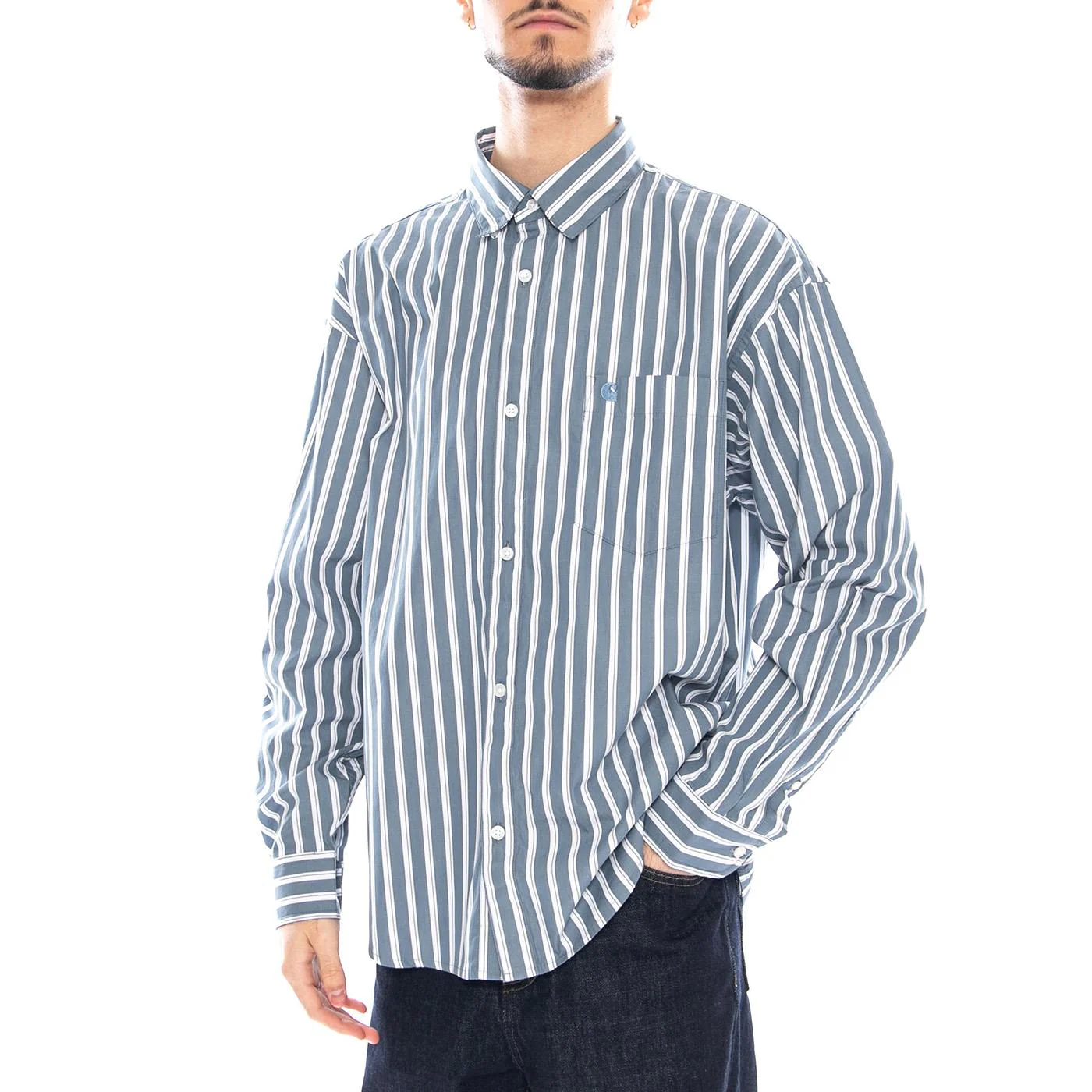 L/S Malden Shirt - Malden Stripe, Angelite - Men's Shirt Blue / White Men's CARHARTT WIP