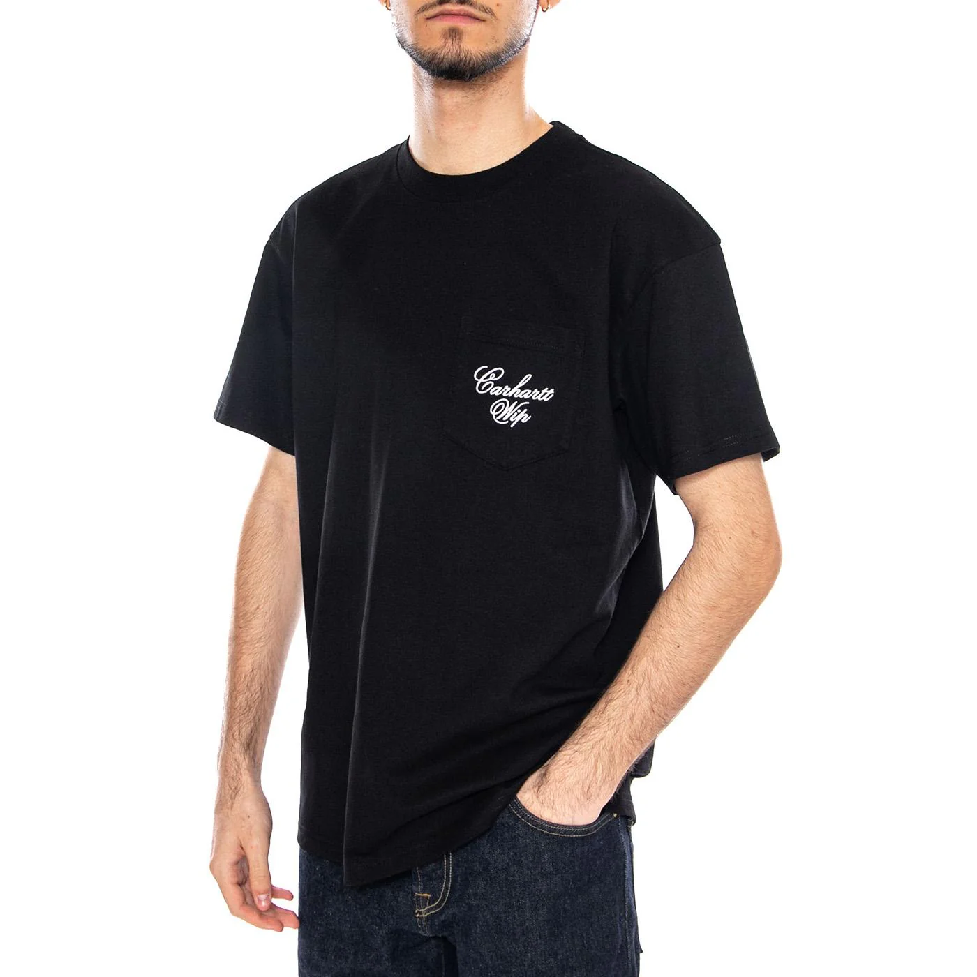 S/S Longhand Pocket T-Shirt Black / White - Men's Crew Neck T-Shirt Black Men's CARHARTT WIP