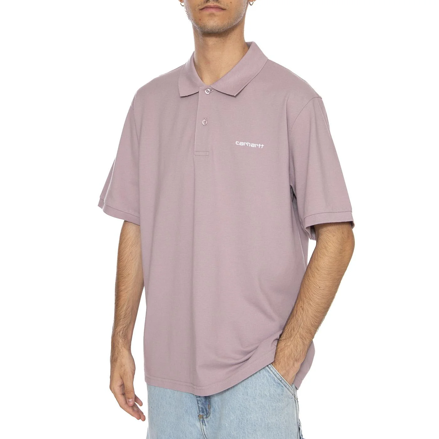 S/S Carhartt Script Polo Pink Fog / White