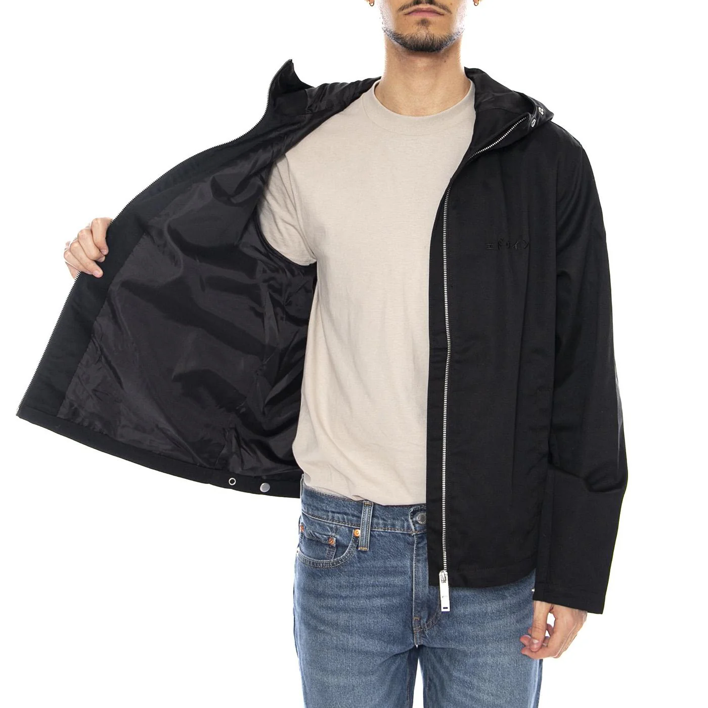 Dan Jacket Black -- Men's Black Hooded Jacket EDWIN - Image 4