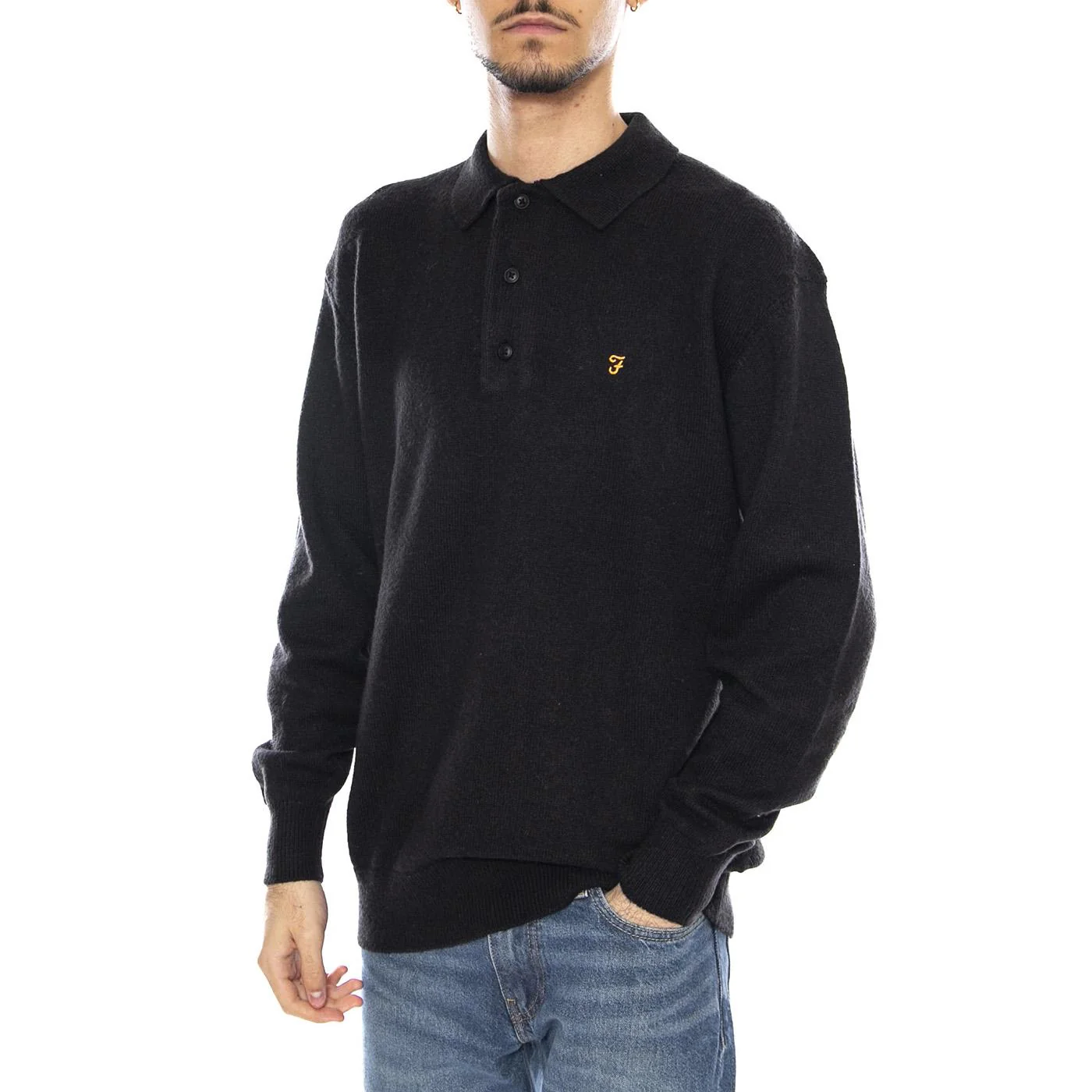 Matson Lambswool Knit - Men's Long-Sleeved Polo Shirt in Black FARAH
