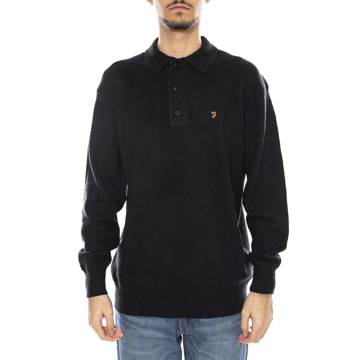 Matson Lambswool Knit - Men's Long-Sleeved Polo Shirt in Black FARAH - Image 2