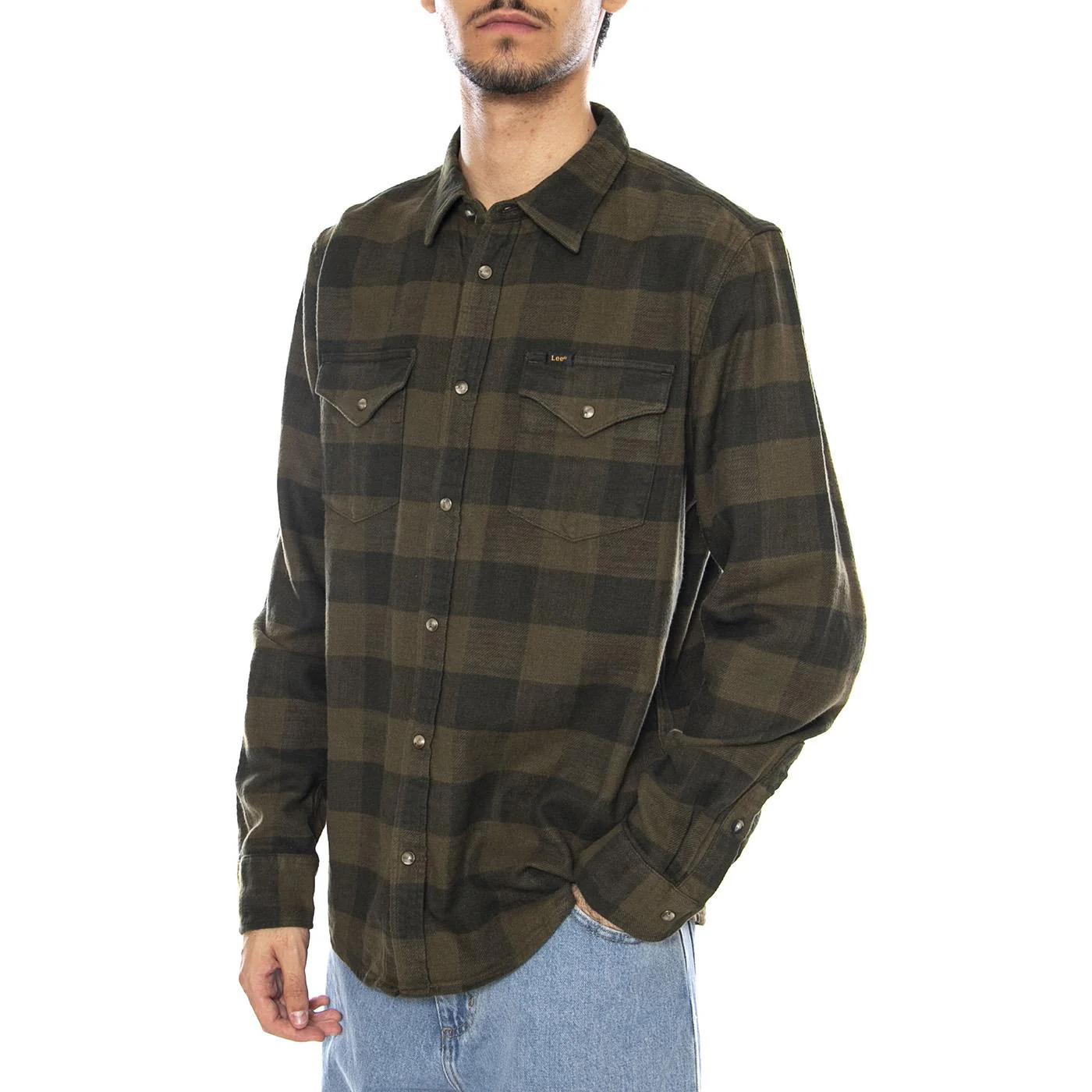 Clean Western Shirt Army Green Buffalo Check - Men's Green Plaid Shirt LEE