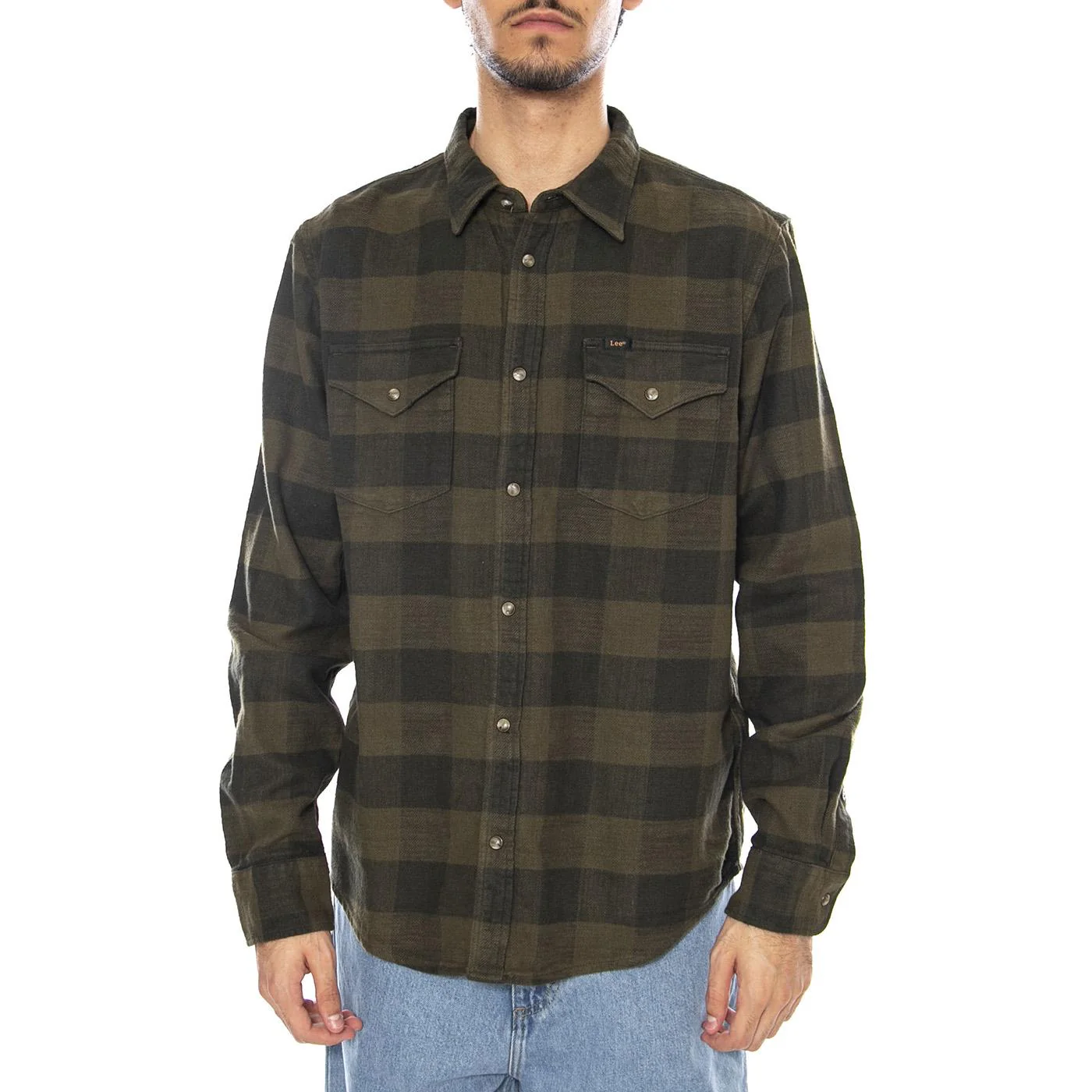 Clean Western Shirt Army Green Buffalo Check - Men's Green Plaid Shirt LEE - Image 2