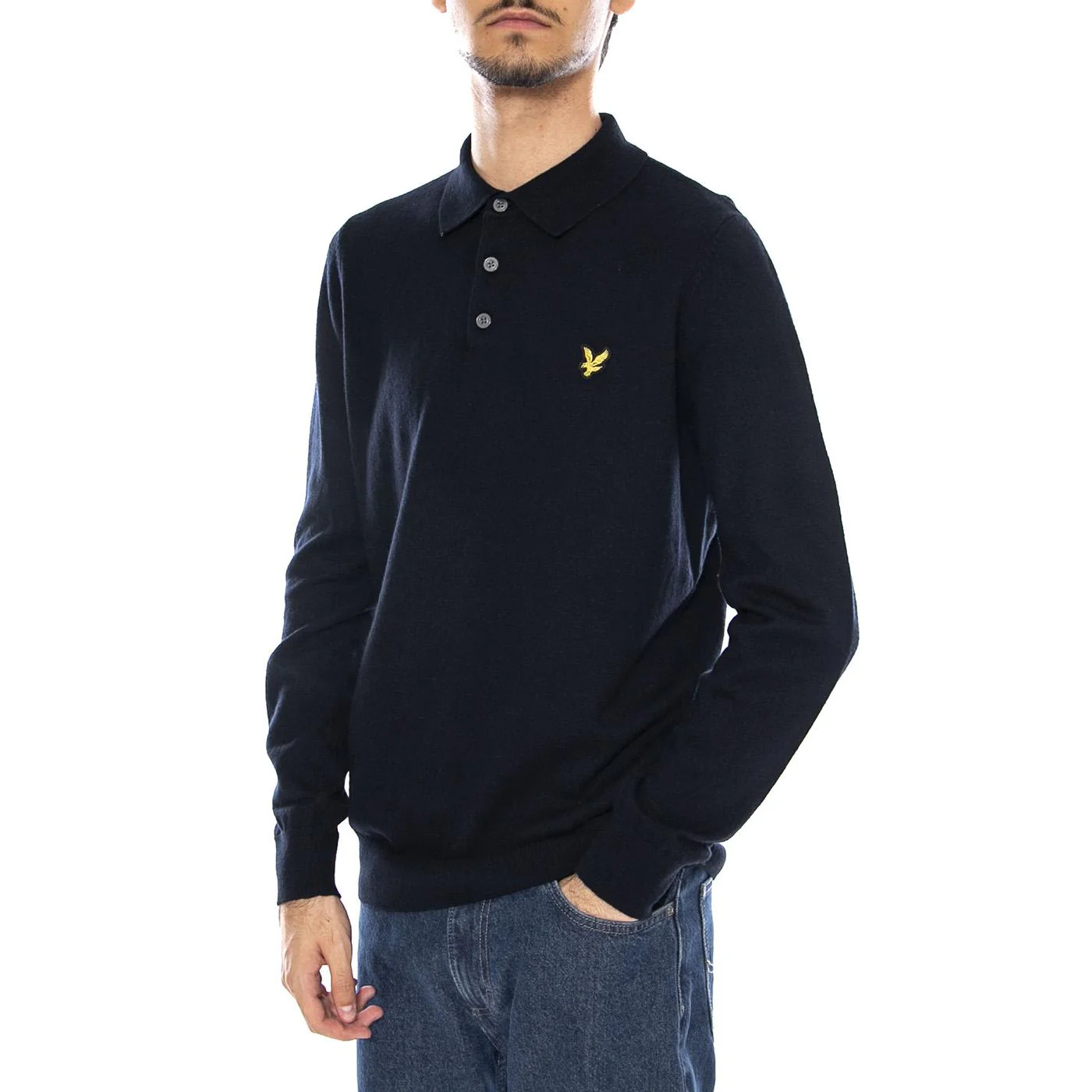 Cotton Merino Long Sleeve Knit Dark Navy - Men's Polo Sweater Blue Men LYLE & SCOTT