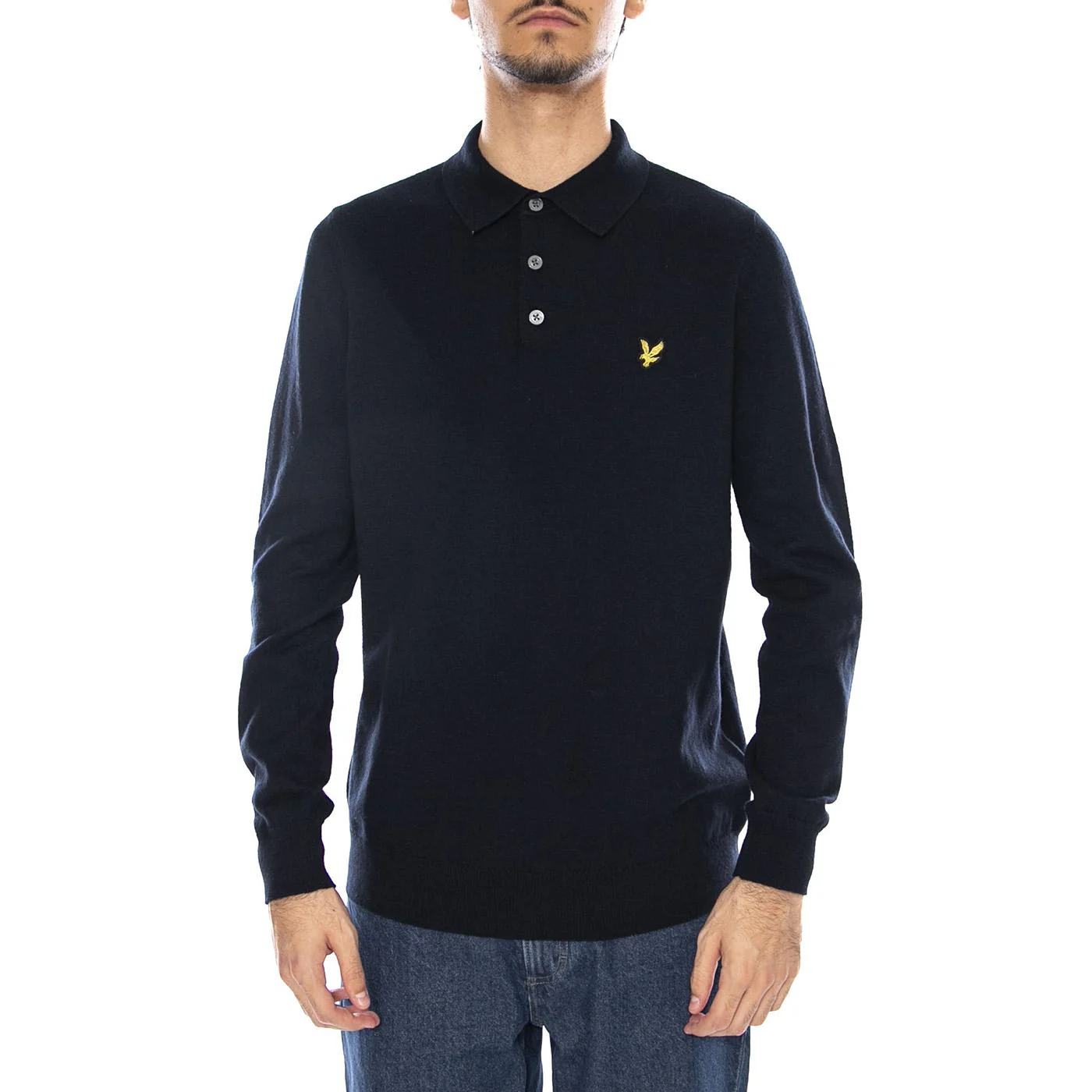 Cotton Merino Long Sleeve Knit Dark Navy - Men's Polo Sweater Blue Men LYLE & SCOTT - Image 2