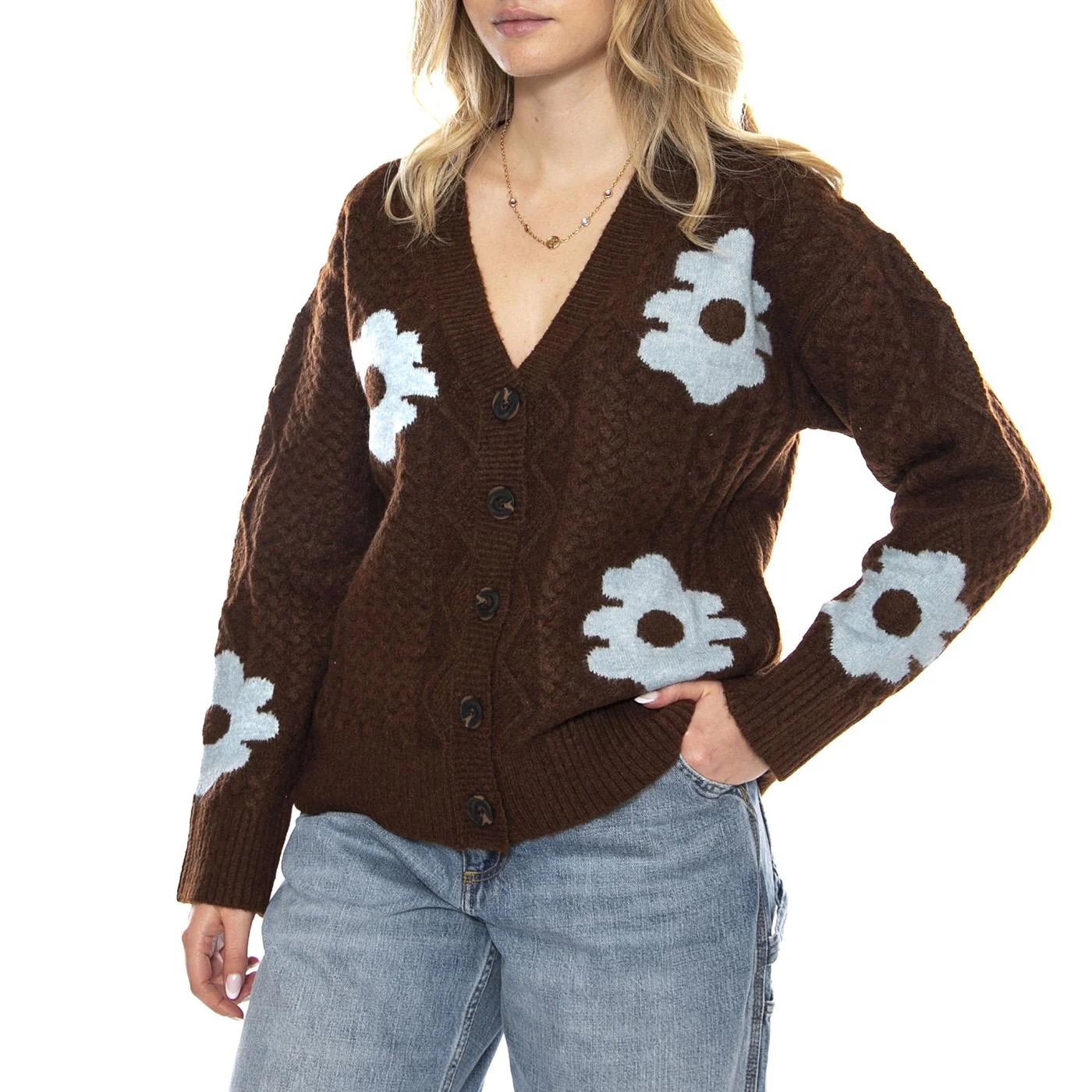 MD M Knitted Cardigans 158 Capuccin - Women's V-Neck Sweater Brown Women MD'M