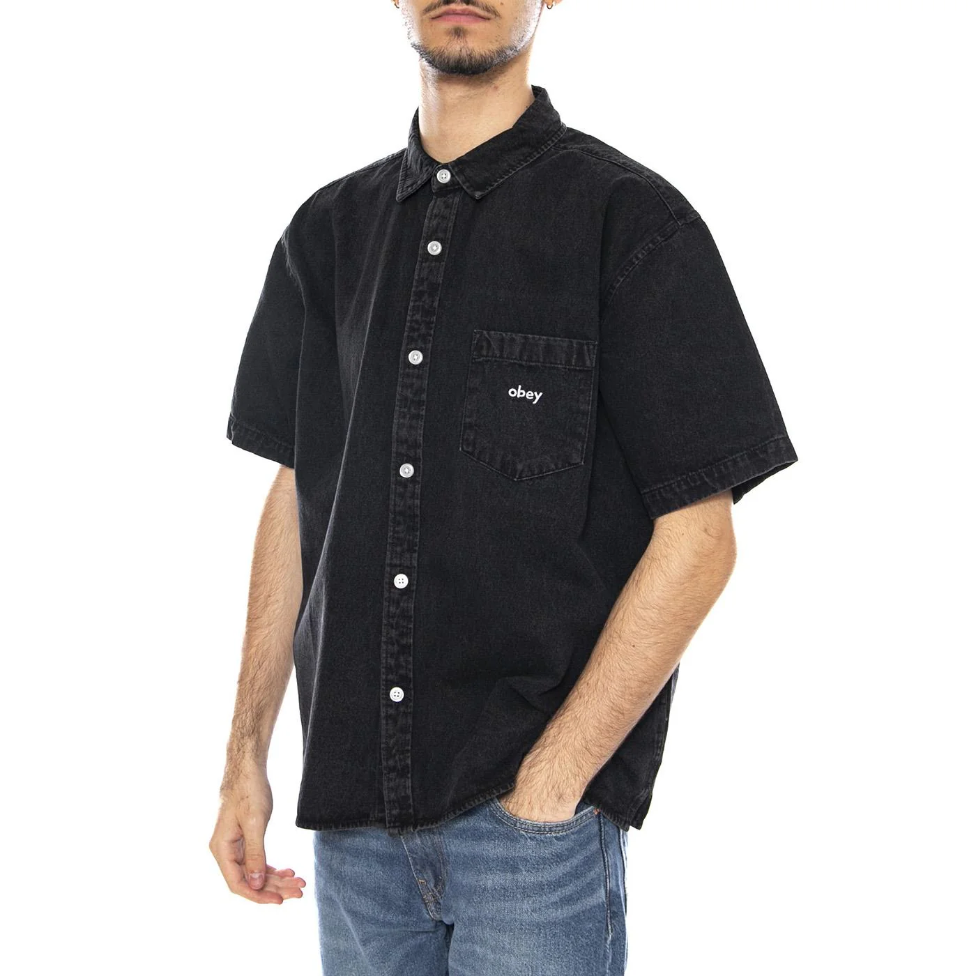 Bigwig Denim Shirt SS -- Men's Short Sleeve Shirt Black Men OBEY
