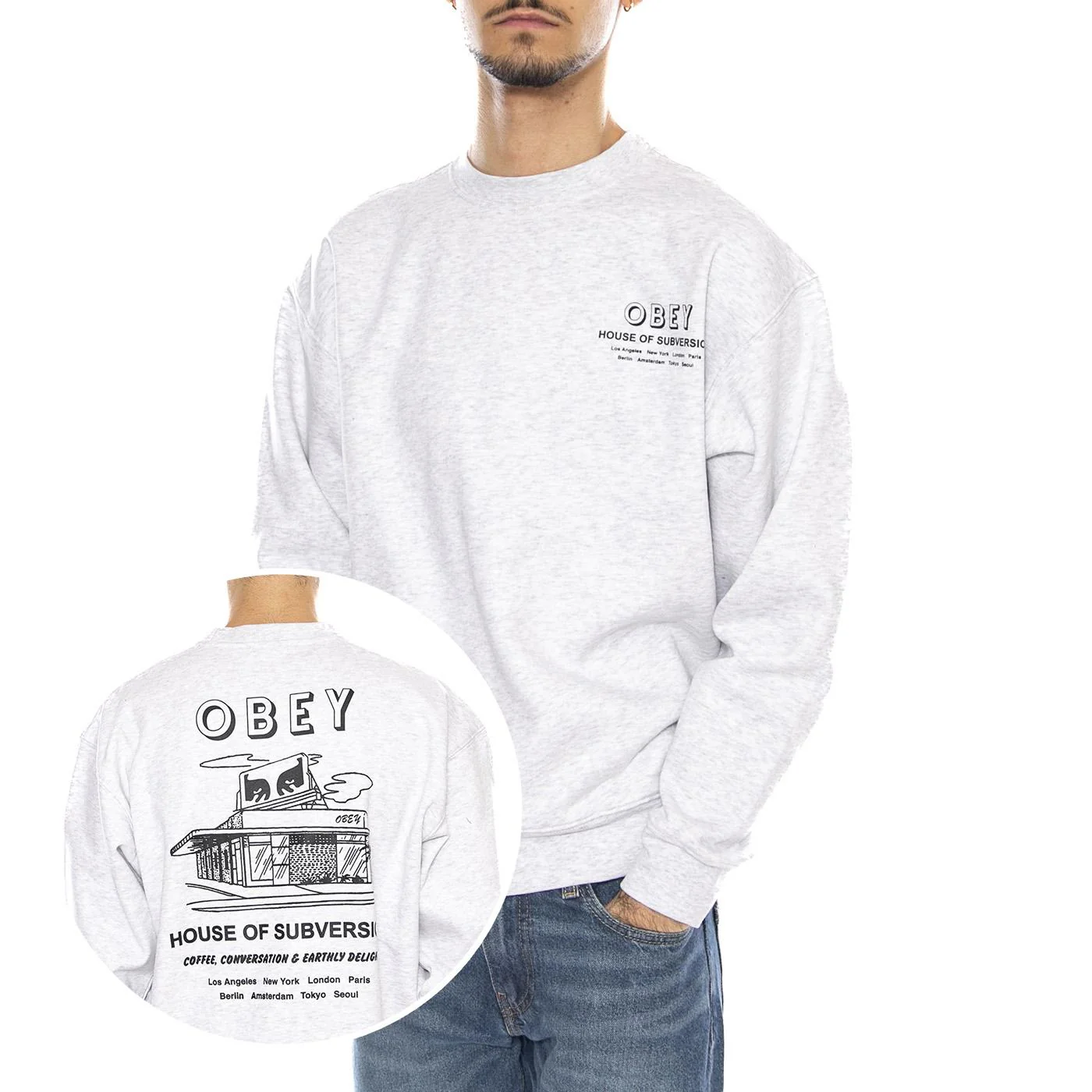 OBEY House of Subversion Fleece Heather Grey -- Men's Crewneck Sweatshirt Grey Men OBEY