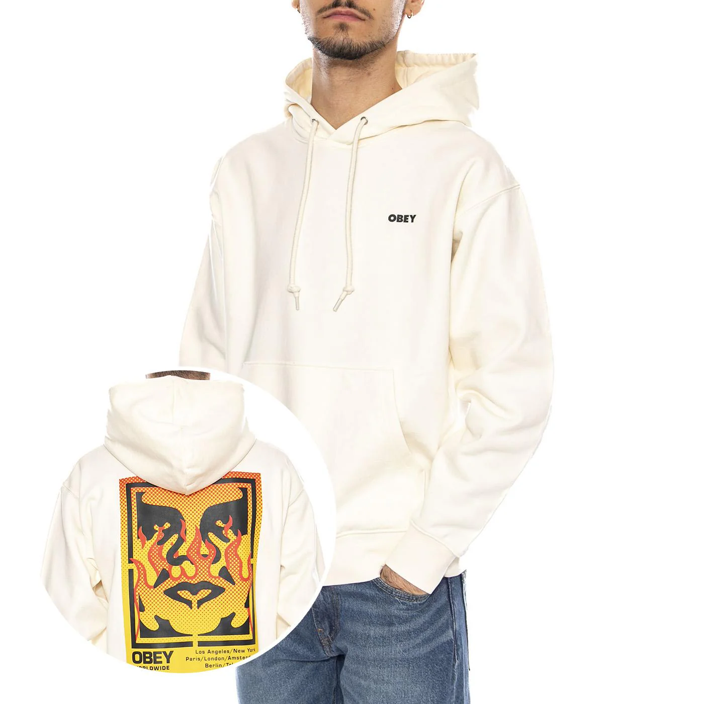 OBEY ICON STENCIL FLAME FLEECE - Men's White Hoodie  Men OBEY