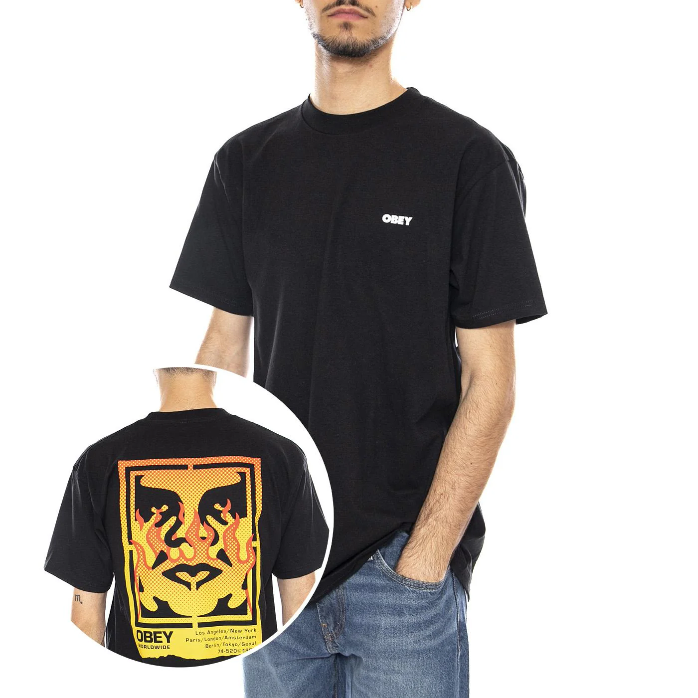 Obey Icon Stencil Flame Tee -- Men's Crew Neck T-Shirt Black Men OBEY