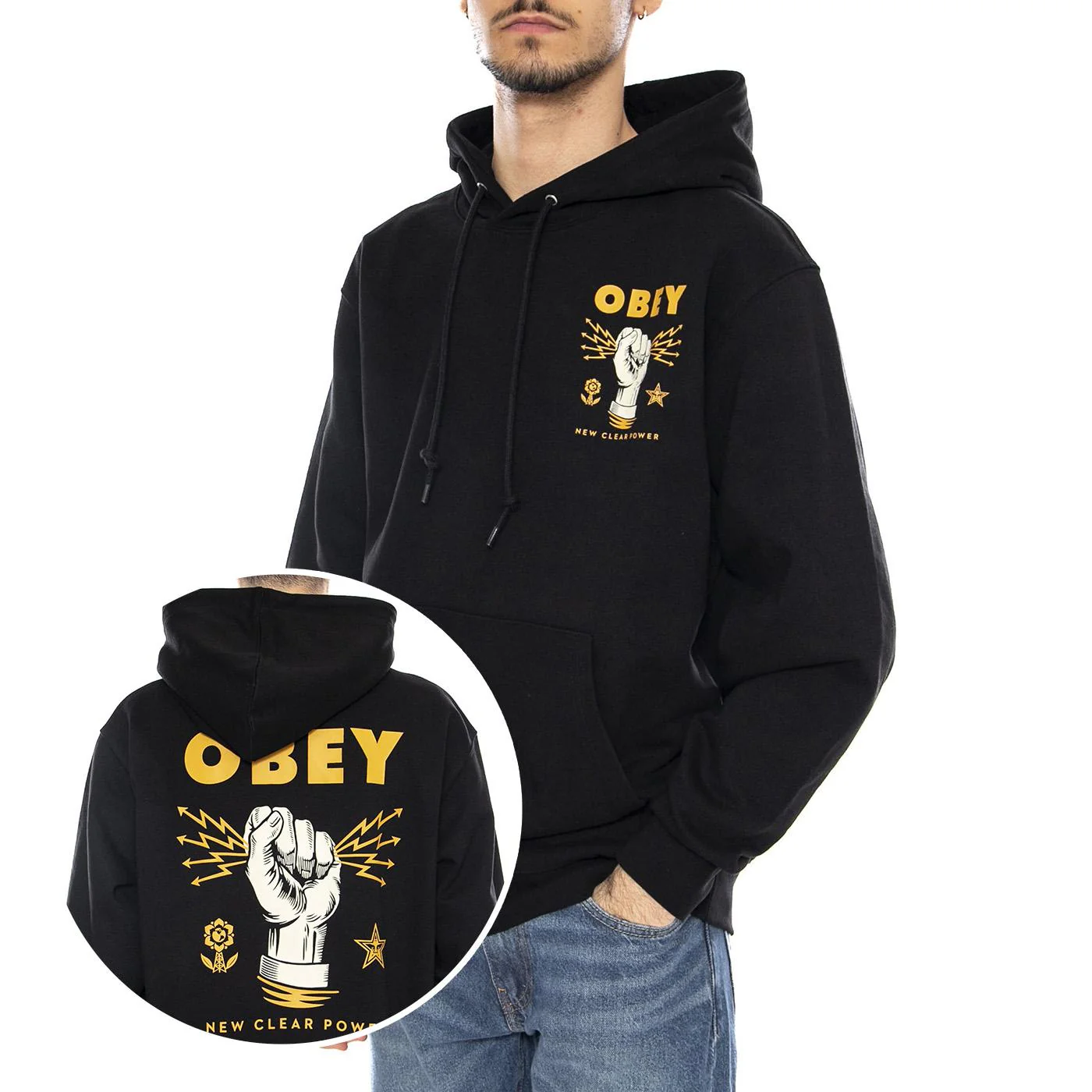 Obey New Clear Power Hood Fleece Black -- Black Men's Hoodie OBEY