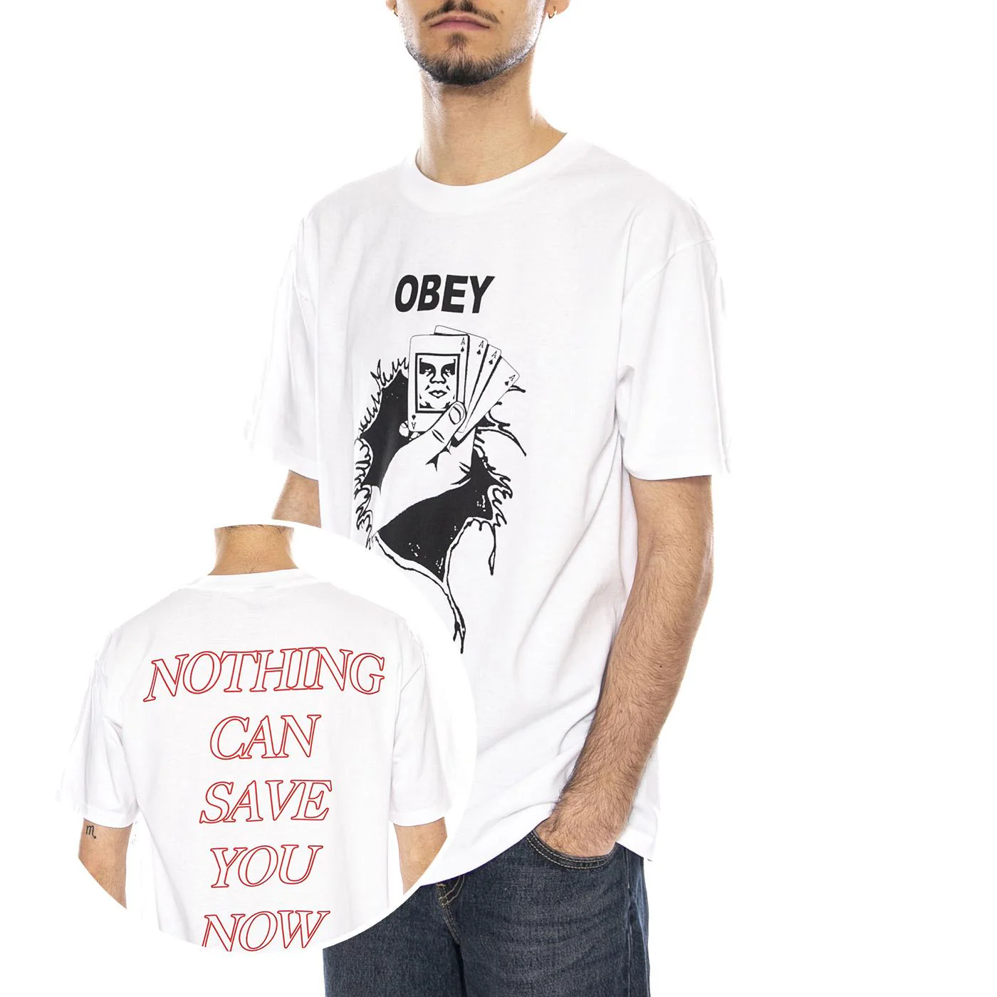 Obey Nothing Can Save You T-Shirt -- Men's White T-Shirt OBEY