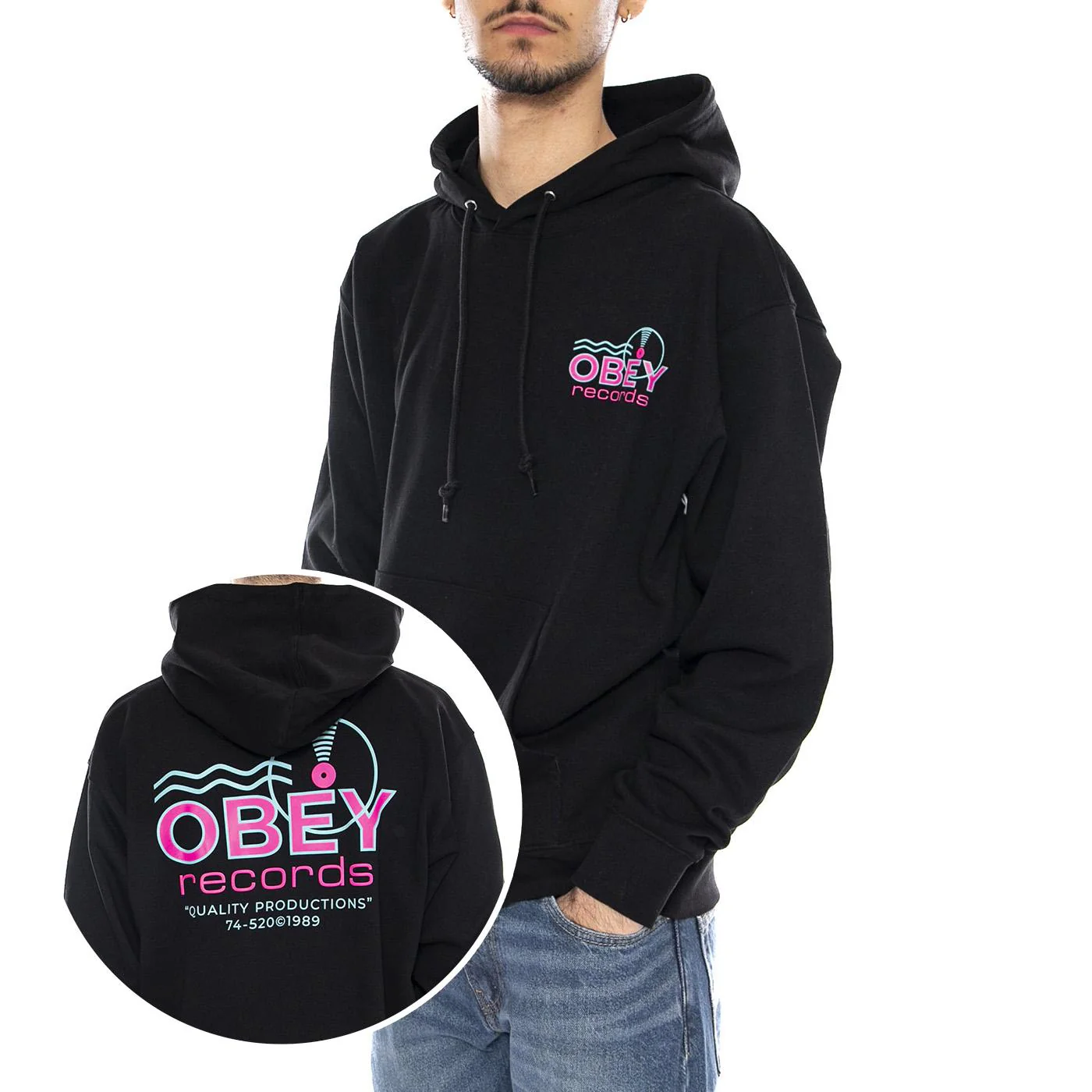 Obey Records Sound Waves Fleece Black -- Men's Black Hoodie OBEY