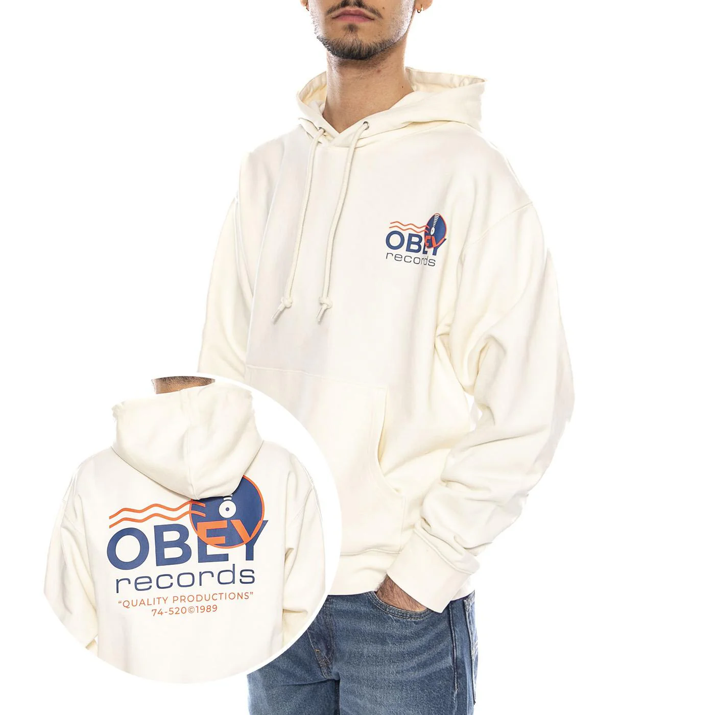 Obey Records Sound Waves Fleece Unbleached -- Men's Hooded Sweatshirt Natural Beige Men OBEY