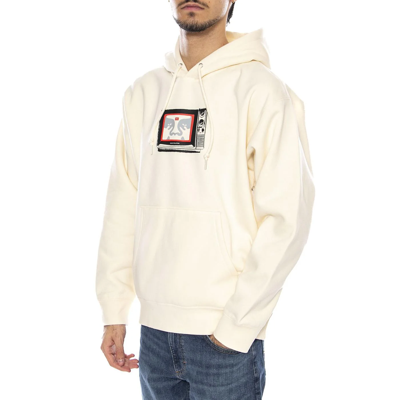 Obey TV Fleece White - Men's White Hoodie OBEY