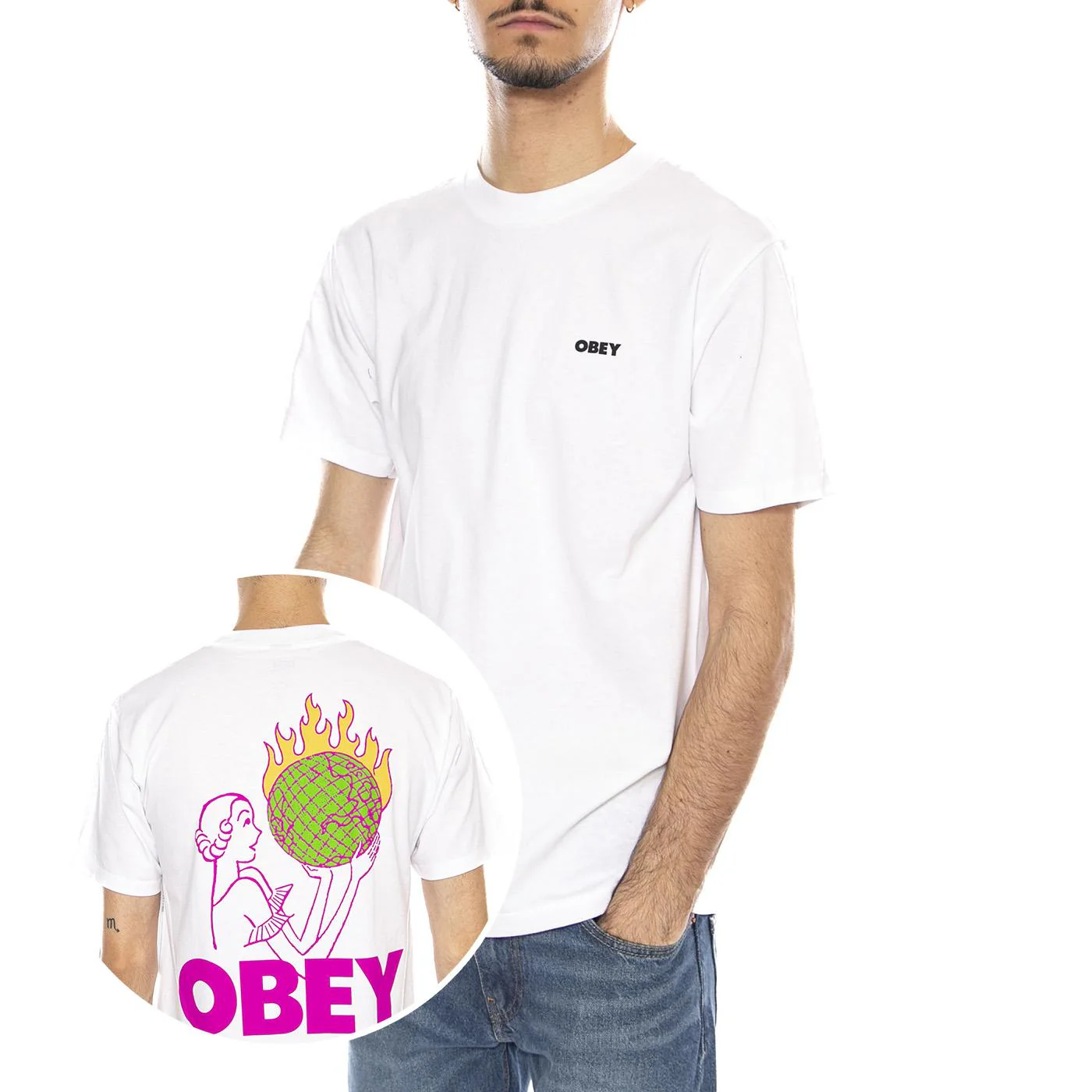 OBEY World in Flames Tee -- Men's Crew Neck T-Shirt White Men OBEY