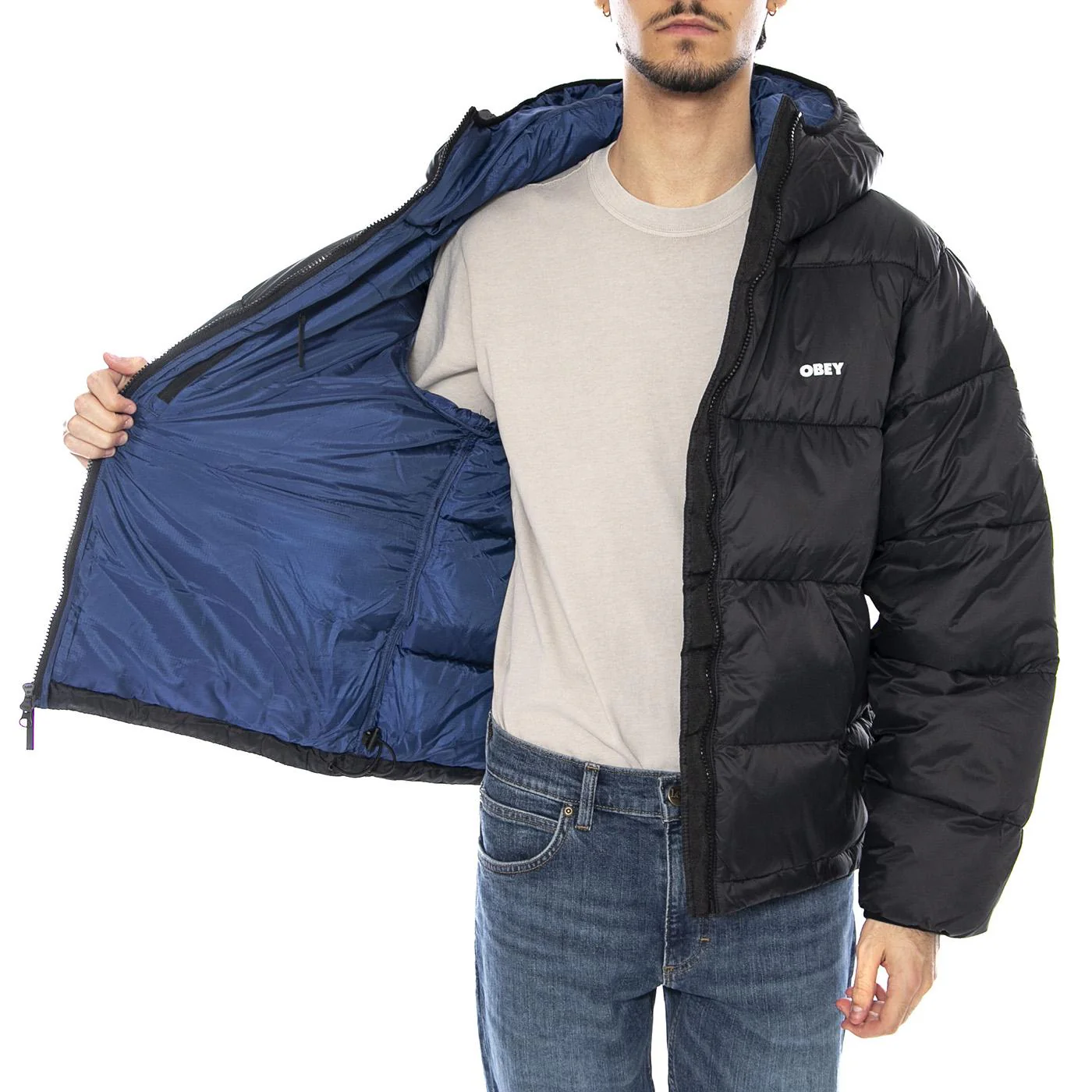 Stratus Puffer Black - Men's Hooded Puffer Jacket Black Men OBEY - Image 4