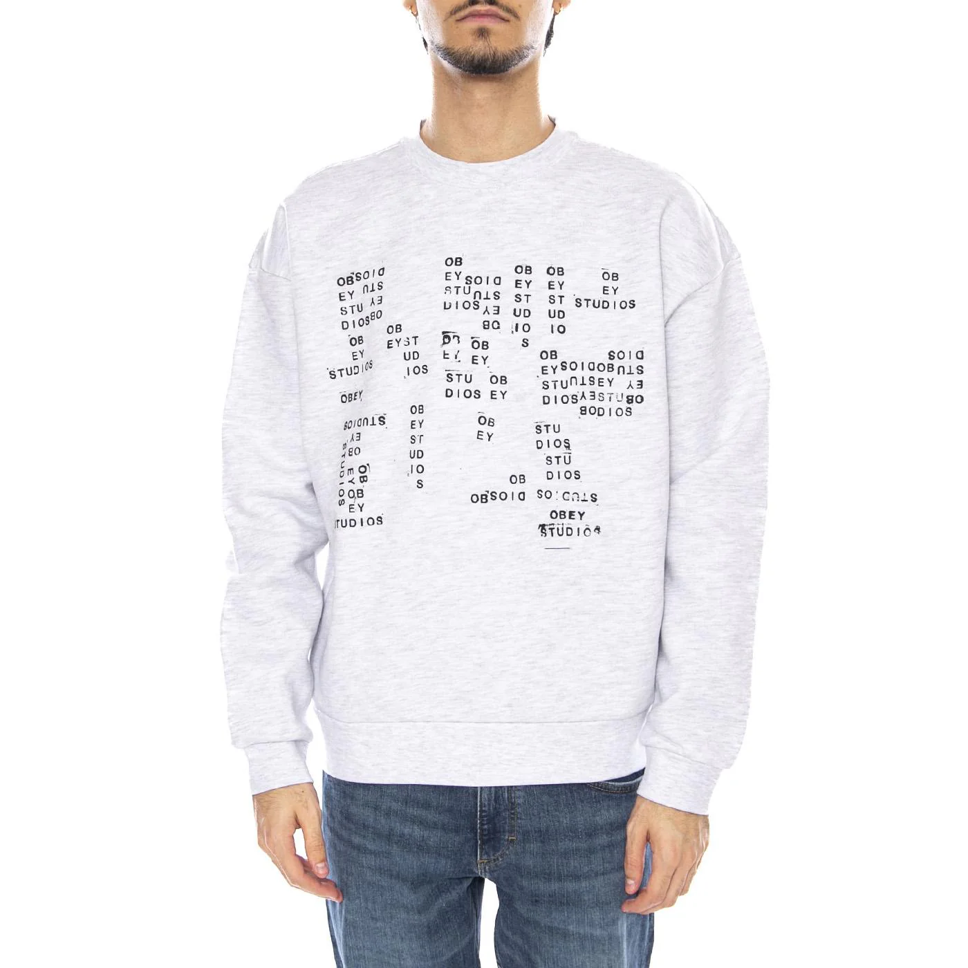 Studios Stamp Extra Heavy Crew Fleece Light Grey - Men's Crewneck Sweatshirt Grey Men OBEY - Image 2