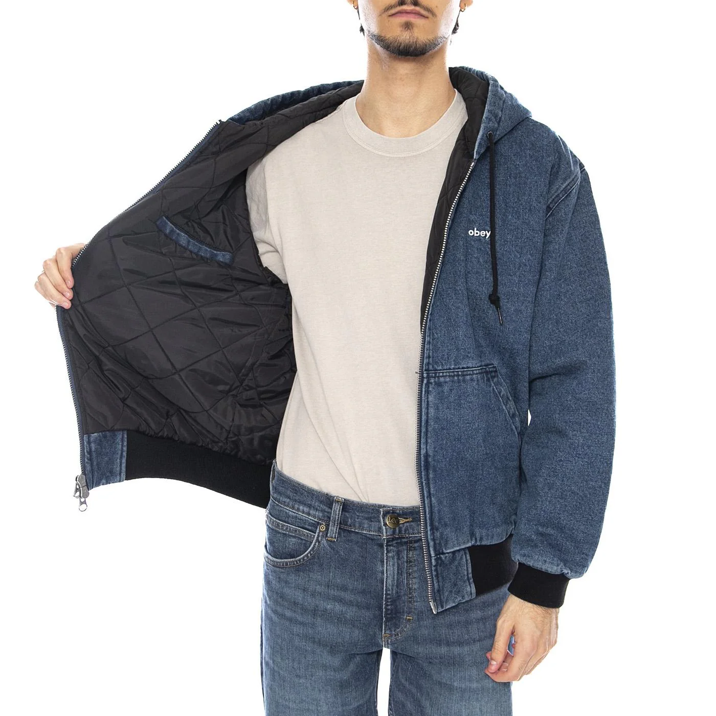 Wiltern Zip Up Hood Jacket Stone Wash Blue - Men's Hooded Jacket Blue OBEY - Image 4