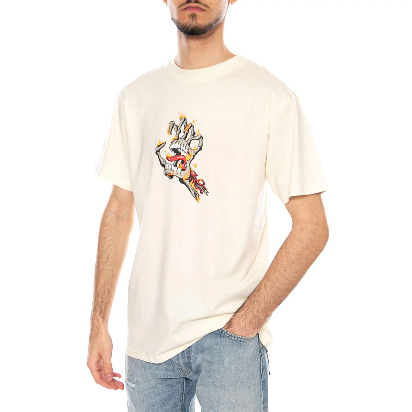 Burnt Bone Hand Unbleached Cotton - Men's Beige Crew Neck T-Shirt Men SANTA CRUZ