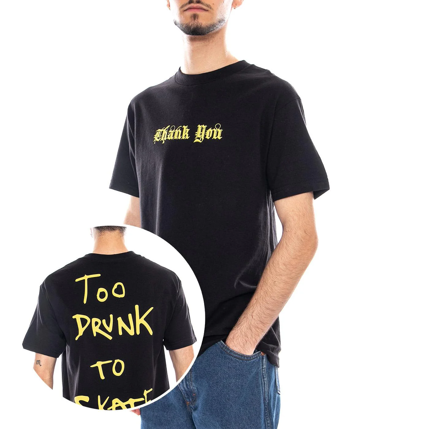 Too Drunk Too Skate Tee Black / Yellow - Men's Black Crew Neck T-Shirt Men THANK YOU