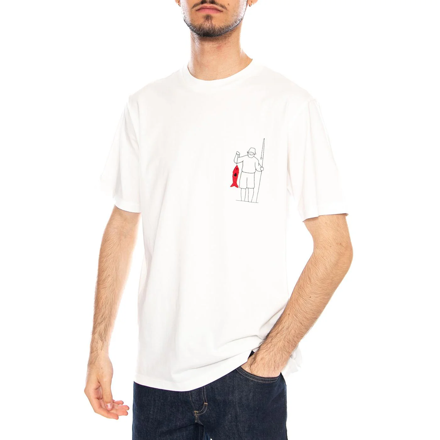 FISHERMAN ZACH TEE - White Crew Neck T-Shirt for Men - THINKING MU