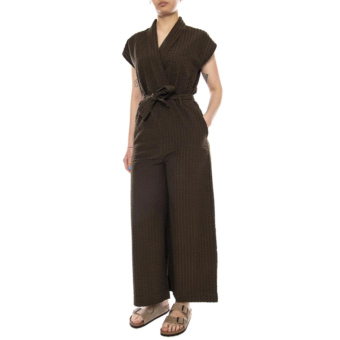 WOOD SEERSUCKER MALAWI JUMPSUIT BROWN - Tuta Elegante Donna Marrone Donna THINKING MU