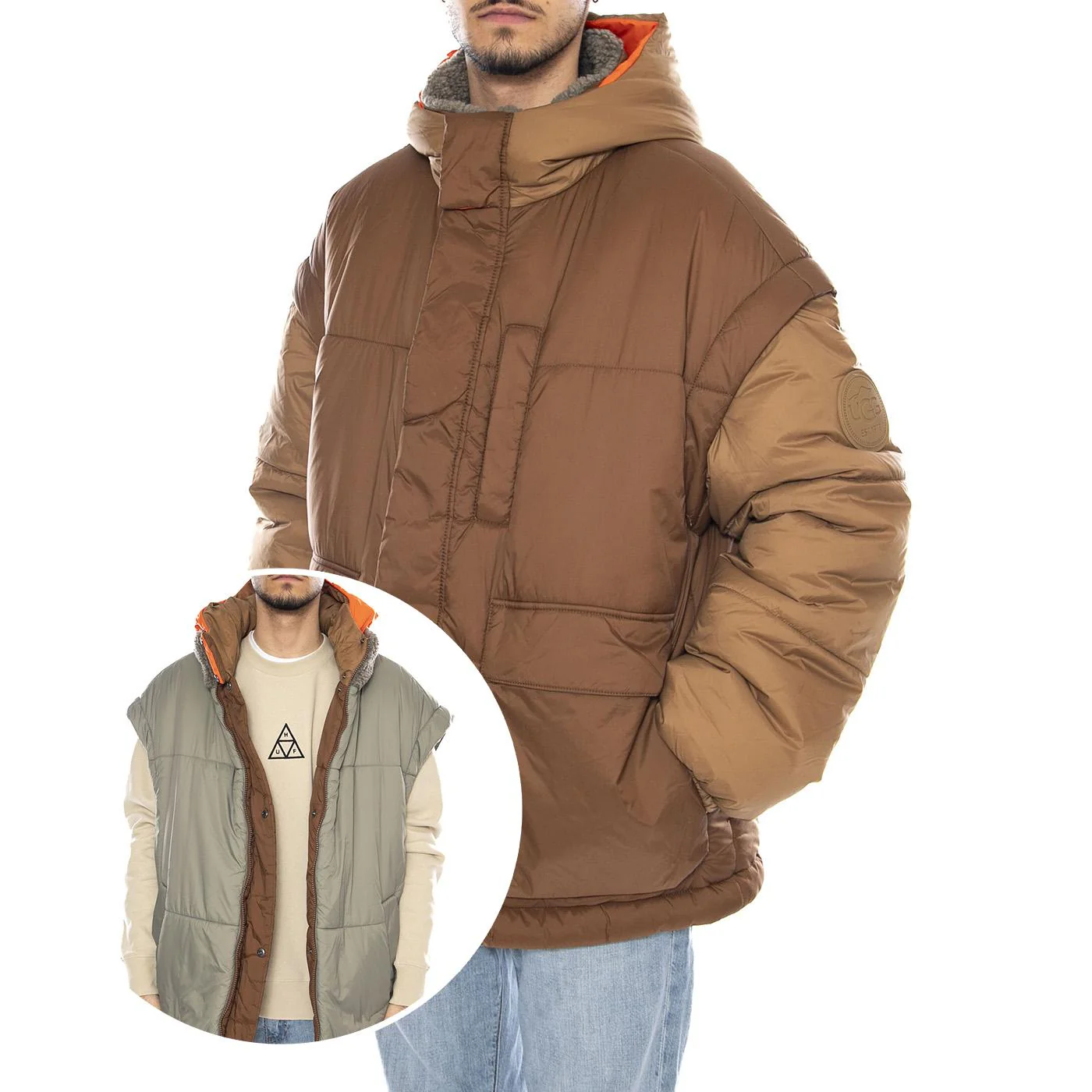 Kristian Conv Puffer Coat -- Men's Pecan/Moss Green Reversible Hooded Jacket UGG Men's