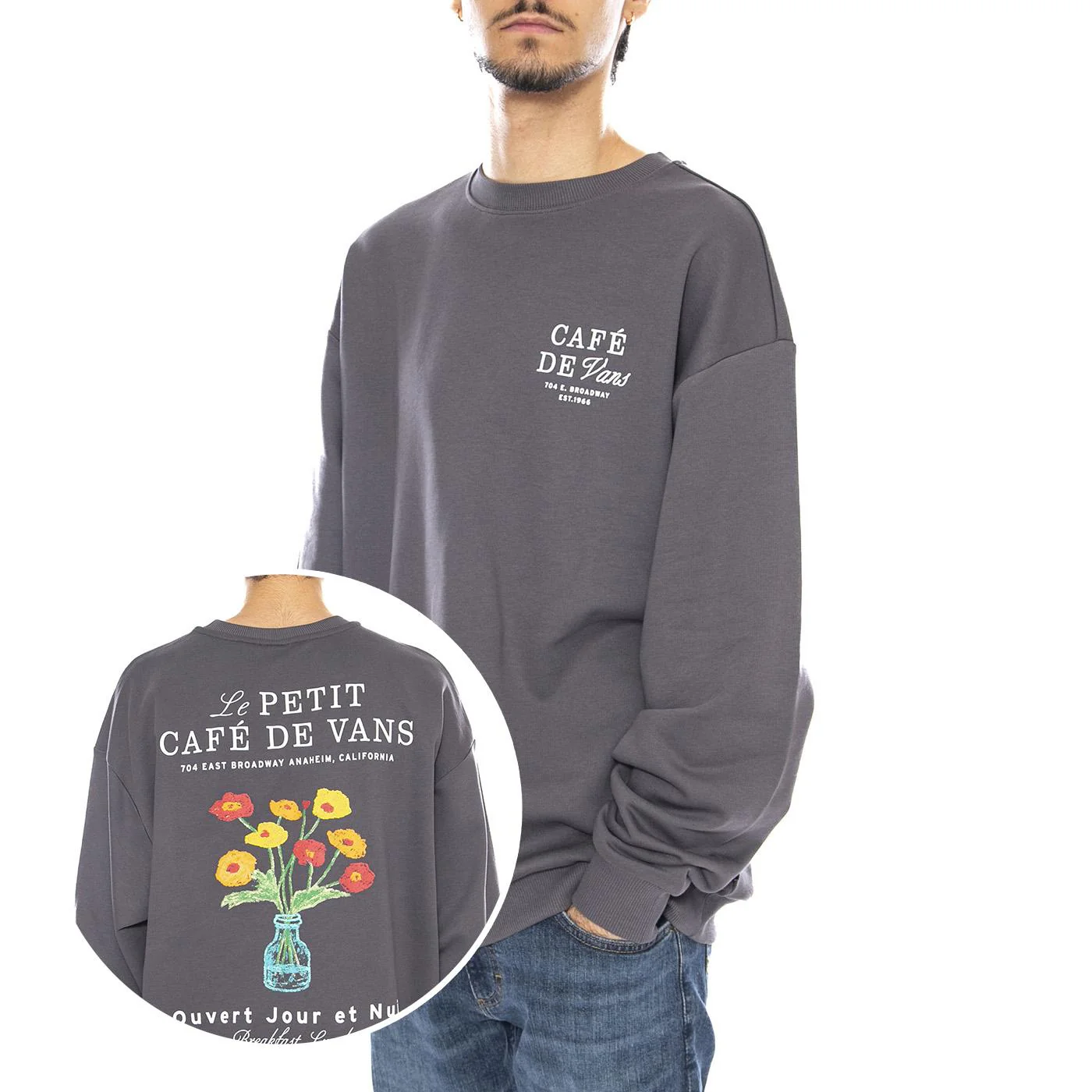 Cafe Vans OS PO Asphalt Crewneck Sweatshirt -- Grey Crewneck Sweatshirt Men VANS